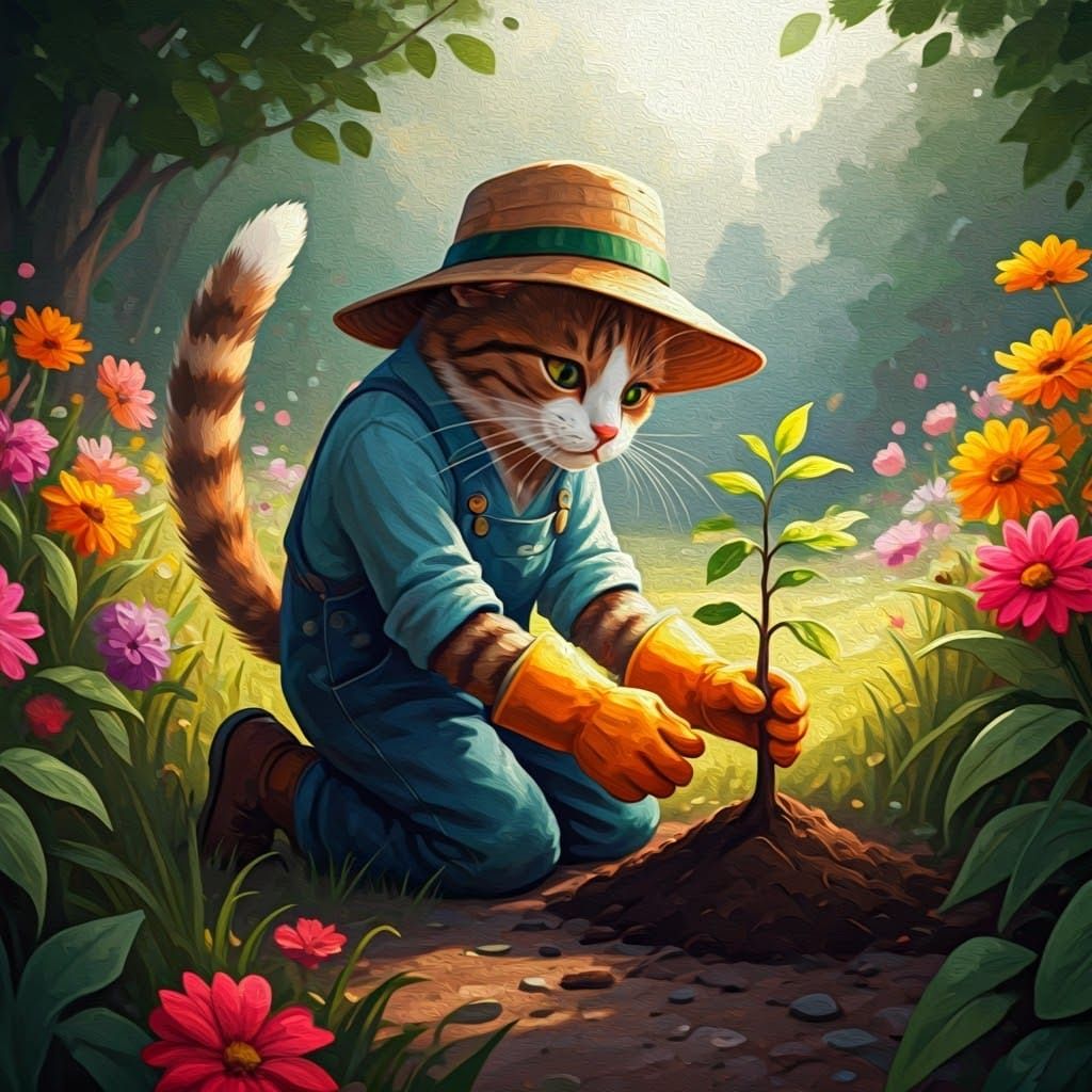 Whimsical Cat Gardener in Vibrant Landscape