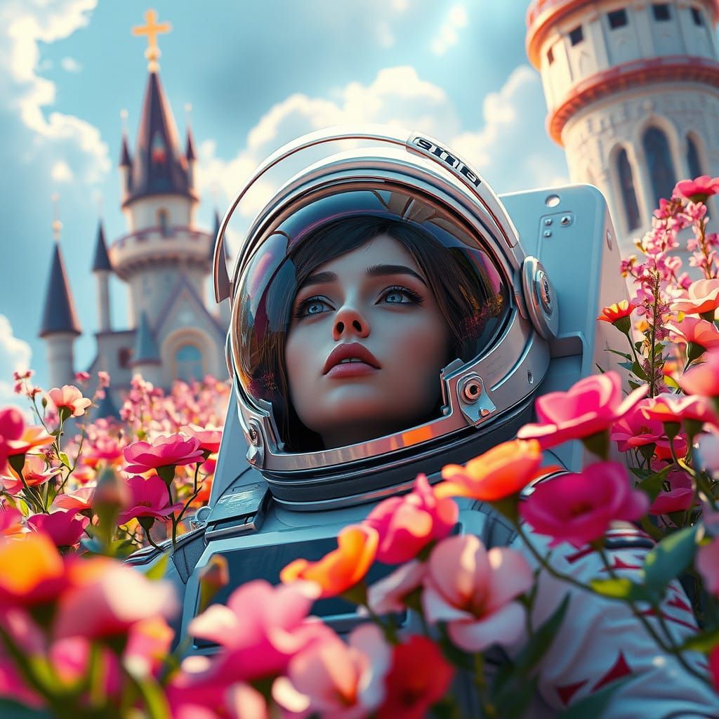 Ethereal Astronaut in Floral Castle