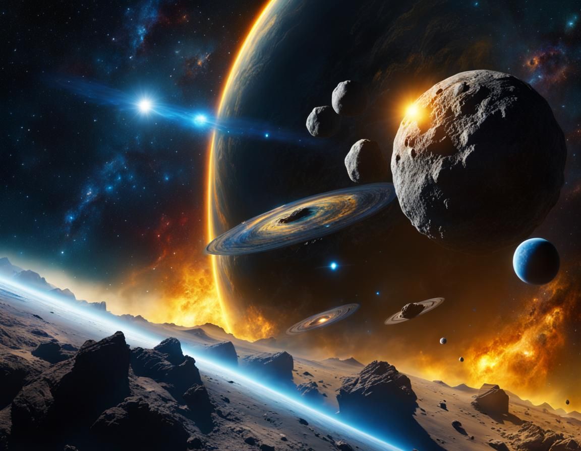 Asteroid Field and Meteor in Space War, Digital Painting