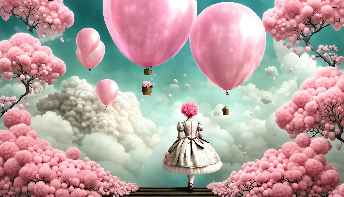 Pink Blossom Balloon in Ephemera Style Digital Art