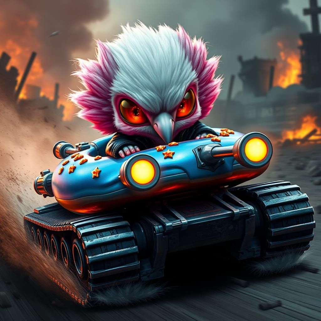 Flamingo Alien Races Donut Tank in Apocalyptic Wasteland