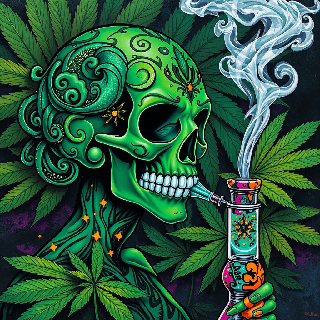 Emerald Green Sugar Skull Exhaling Smoke in Vibrant Street A...