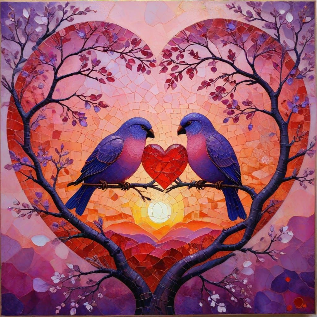 Surreal Pink Masterpiece of Love Birds in a Tree