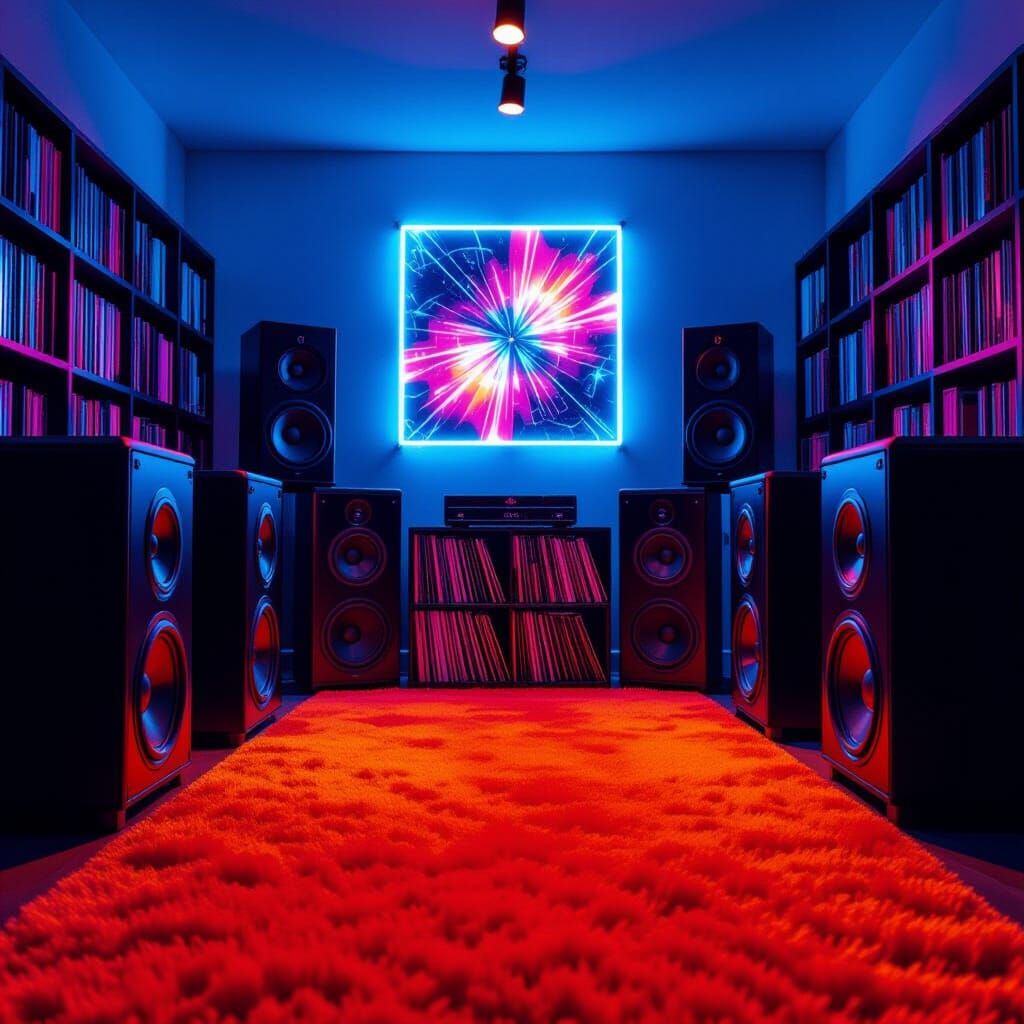Vibrant Orange Carpet in Blacklight Room with Speakers