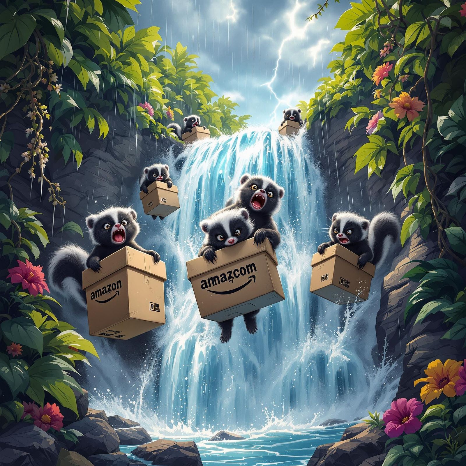 Skunks in Amazon Boxes Ride Turbulent Waterfall in Whimsical...