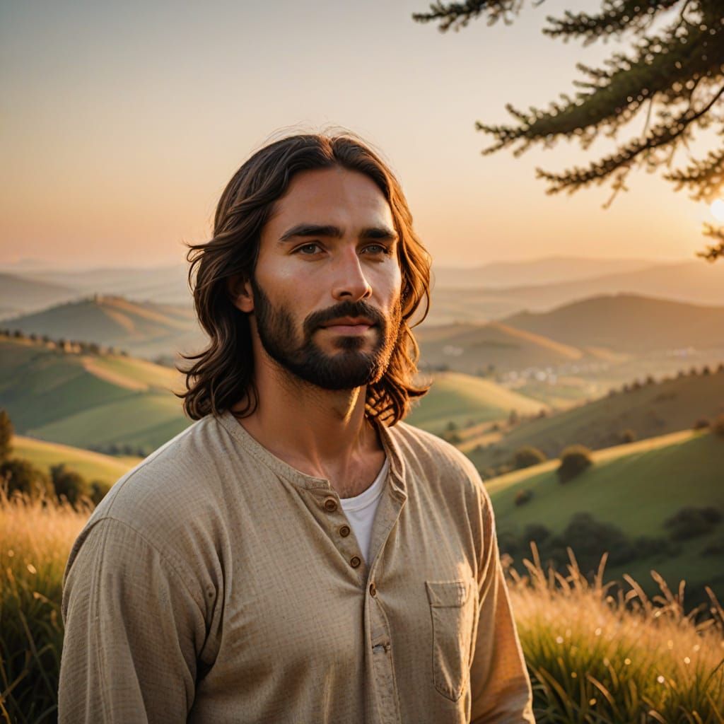 Golden Hour Portrait of Jesus Christ in a Serene Landscape