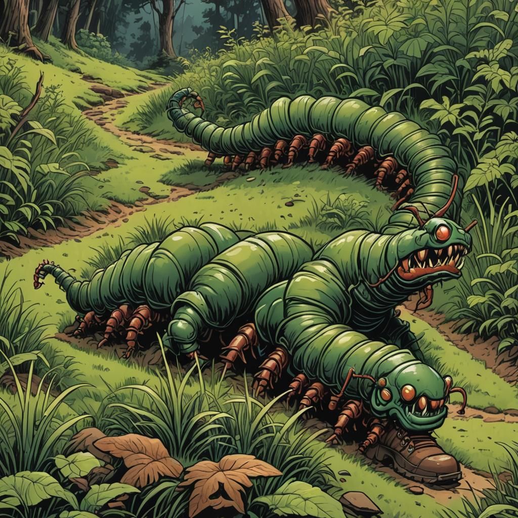 Cartoon Centipede Hiking Up Hill as Comic Art