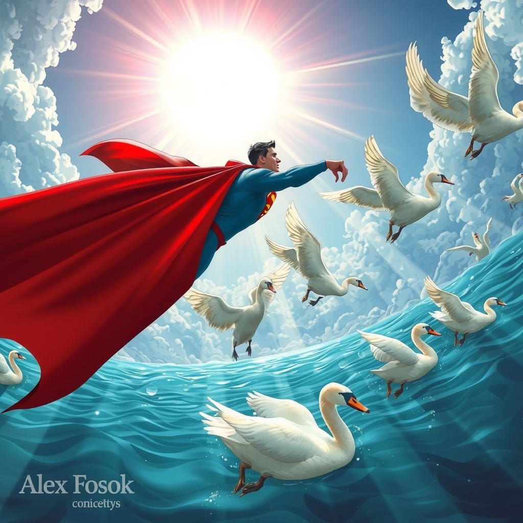 Flying Superman soars above Seven Swans in DC Comics Superfl...