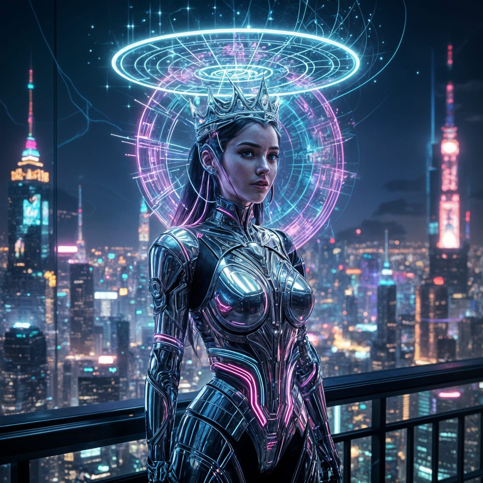 Cybernetic Queen on Neon Metropolis Balcony