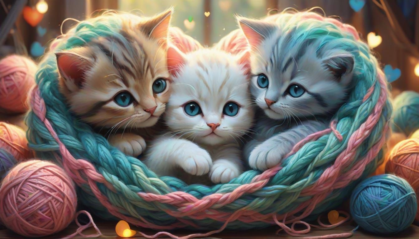 Whimsical Kitten Ball of Yarn
