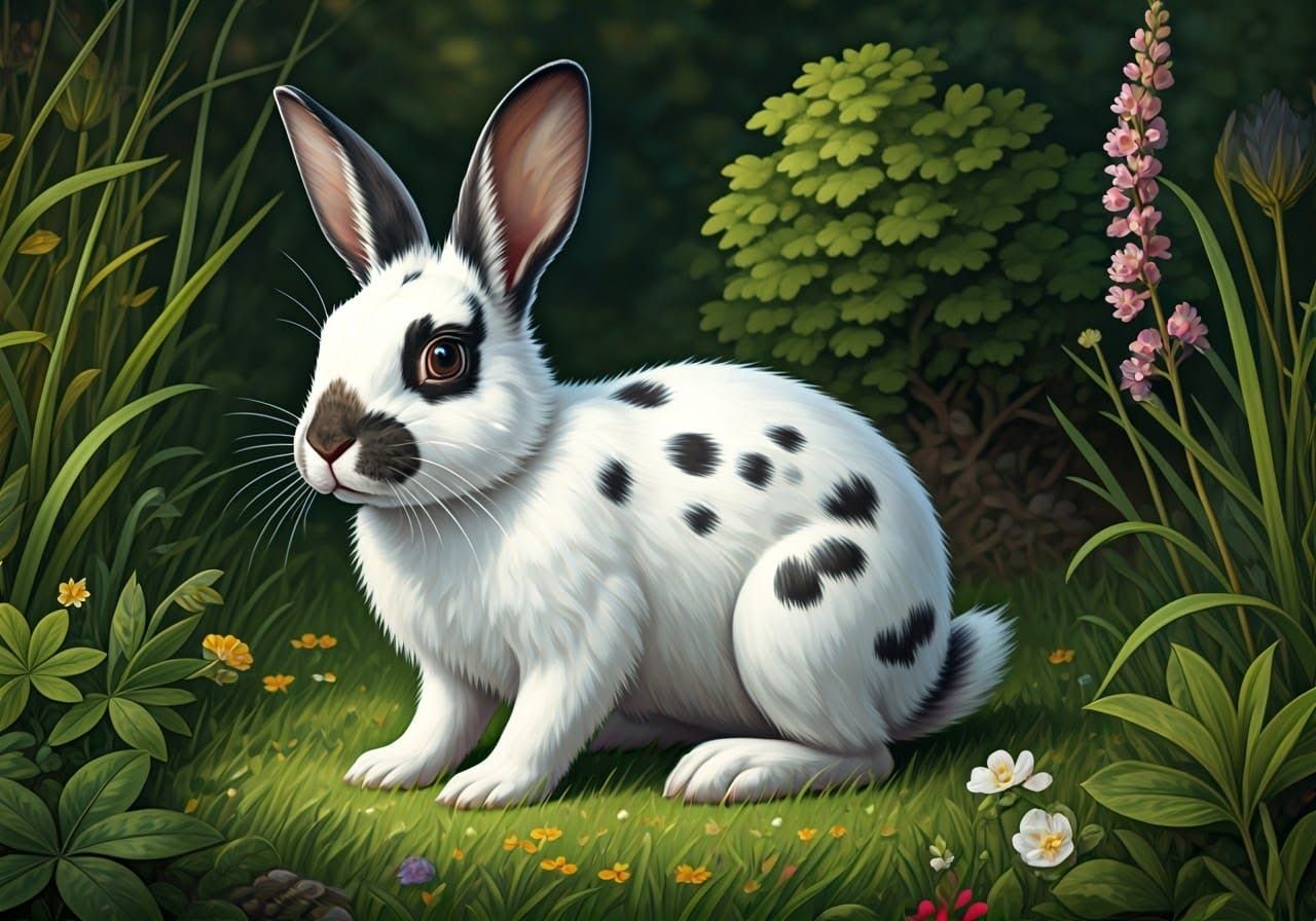 Majestic White Rabbit with Whimsical Face Pattern in a Lush ...