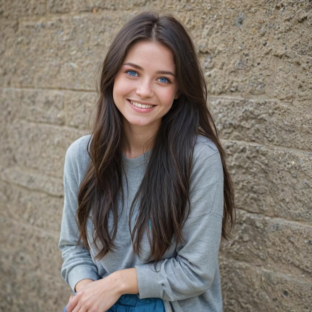 Radiant Young Woman with Dark Hair and Blue Eyes