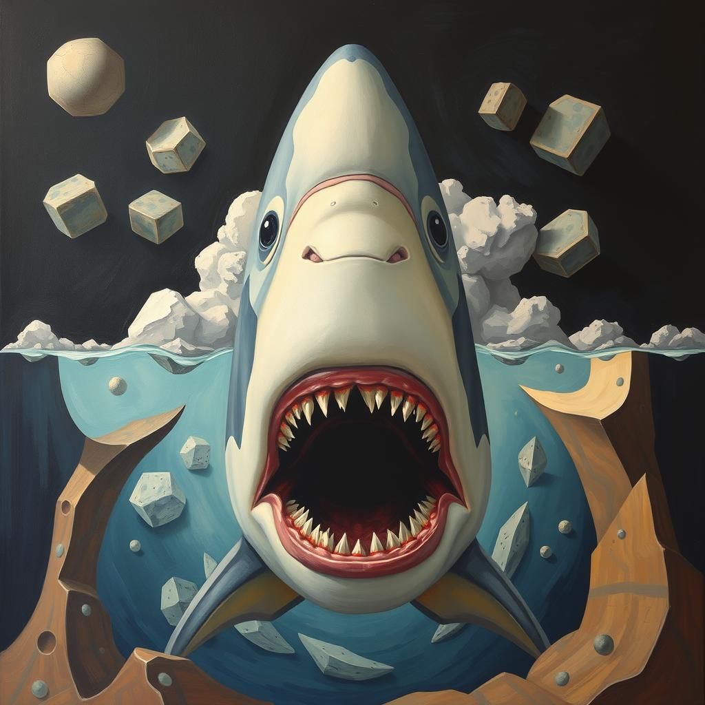 Surreal Cubist Shark Painting with Illusionary Depth
