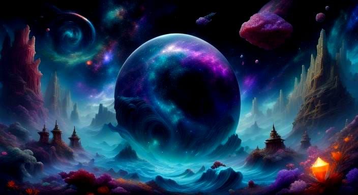 Iridescent Crystal Shores in Art Nouveau Style