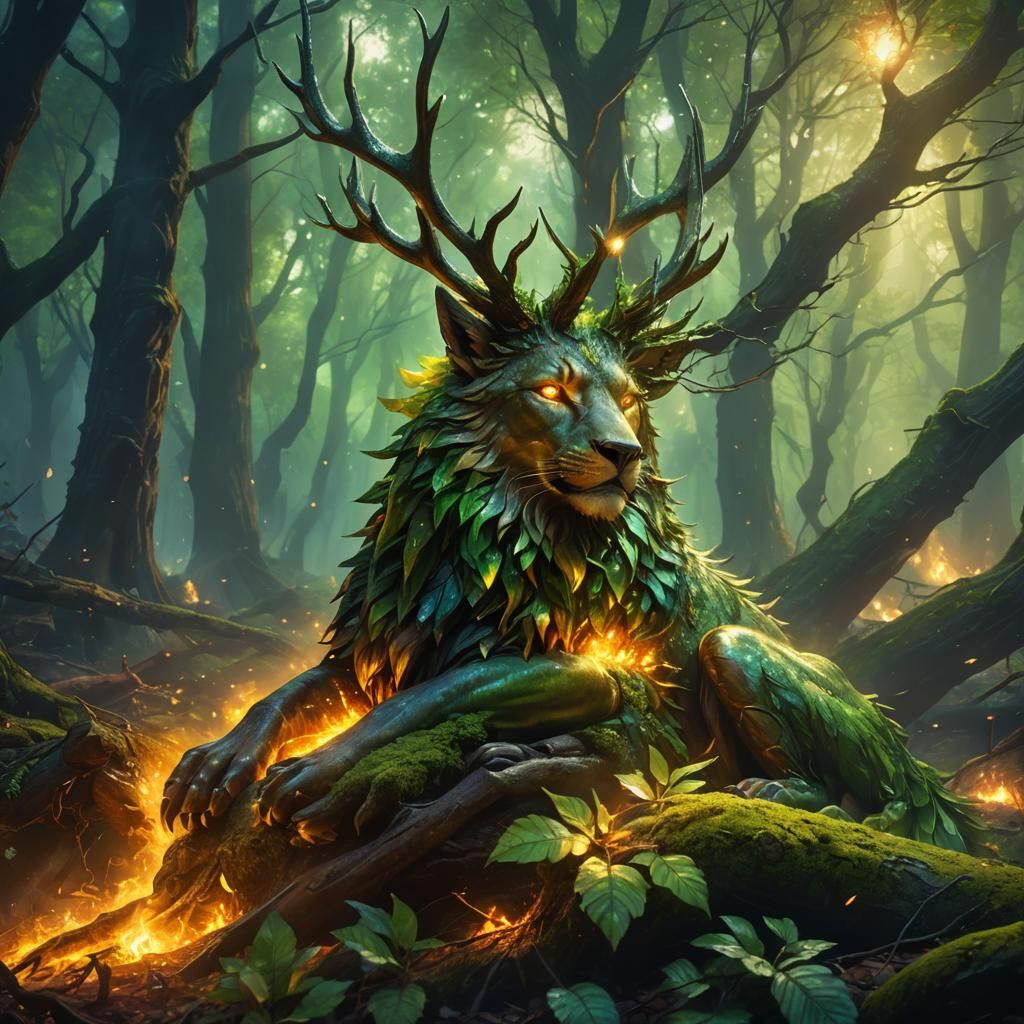 Guardian of Trees Sleeps in Green Fire, Oil Painting