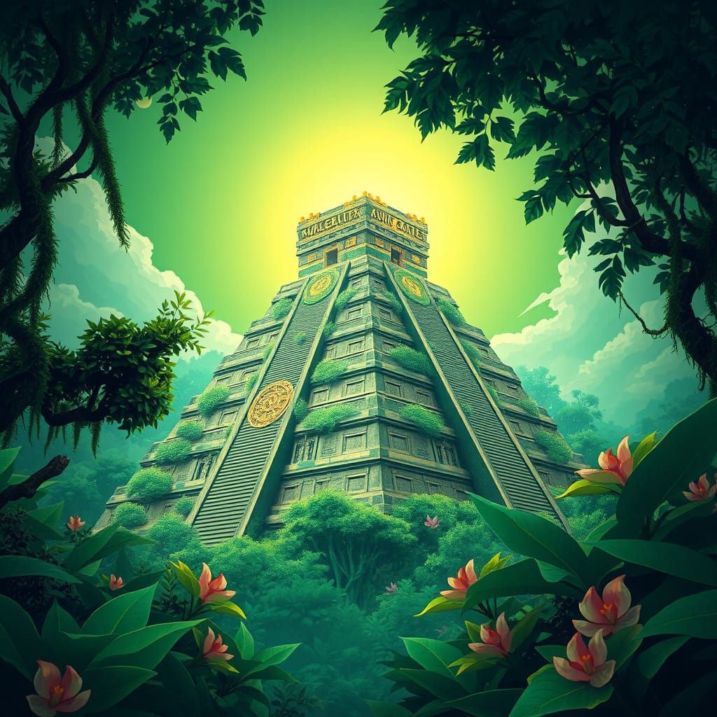 Aztec Pyramid in Emerald Jungle: Ghibli-Inspired Poster Art