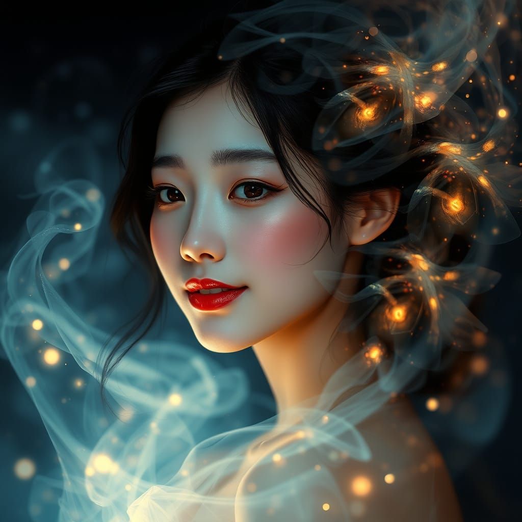 Enigmatic Asian Beauty in Dreamlike Oil Painting