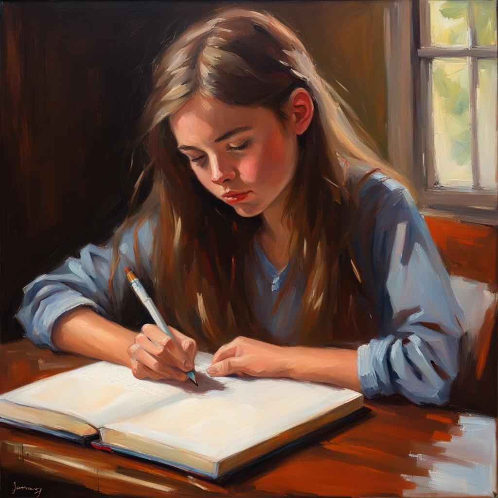 Girl Writing in Journal, Oil Painting