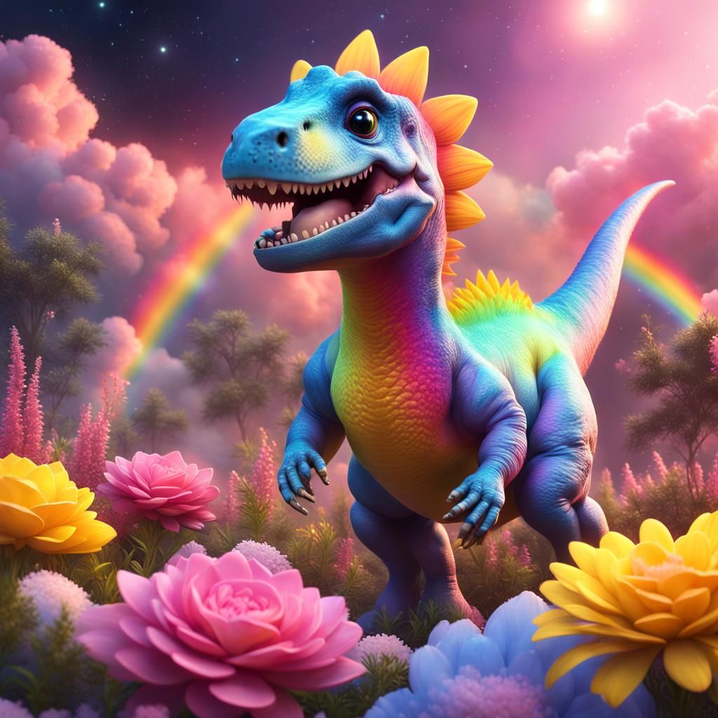 Rainbow Dinosaur in Galaxy, Detailed Matte Painting