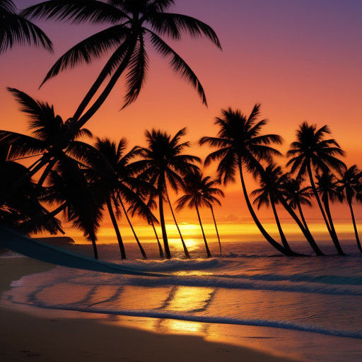 Vibrant Tropical Sunset with Swaying Palm Trees