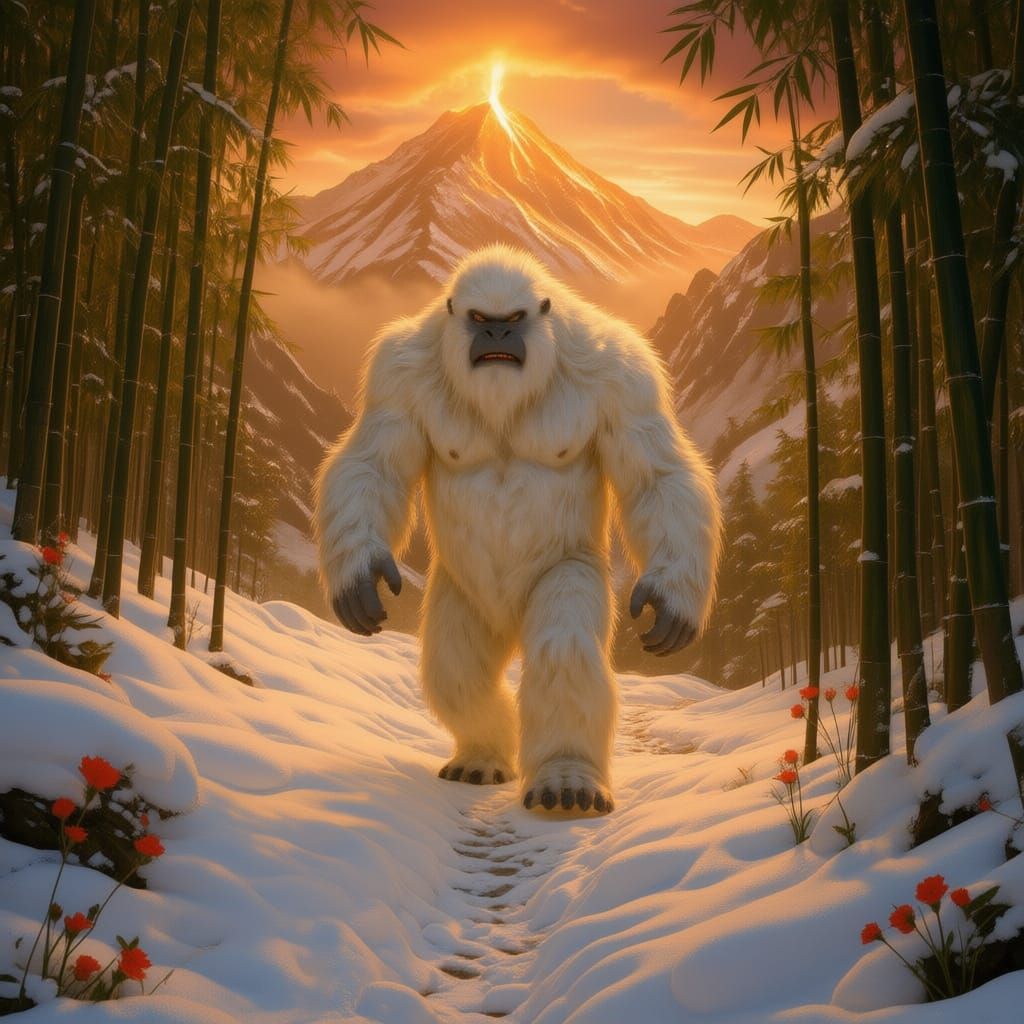 White Yeti Explores Snowy Chinese Mountain Amidst Bamboo