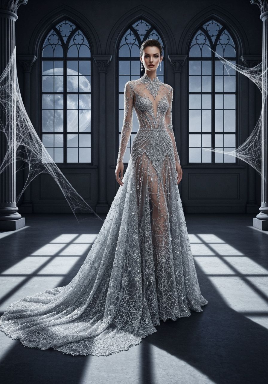 Ethereal Spiderweb Lace Gown in Moonlight