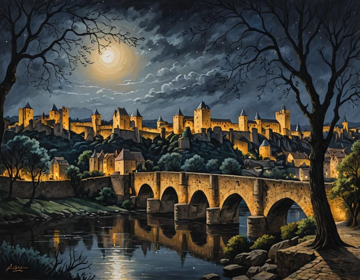 Cité de Carcassonne at Night: Romantic Landscape Painting