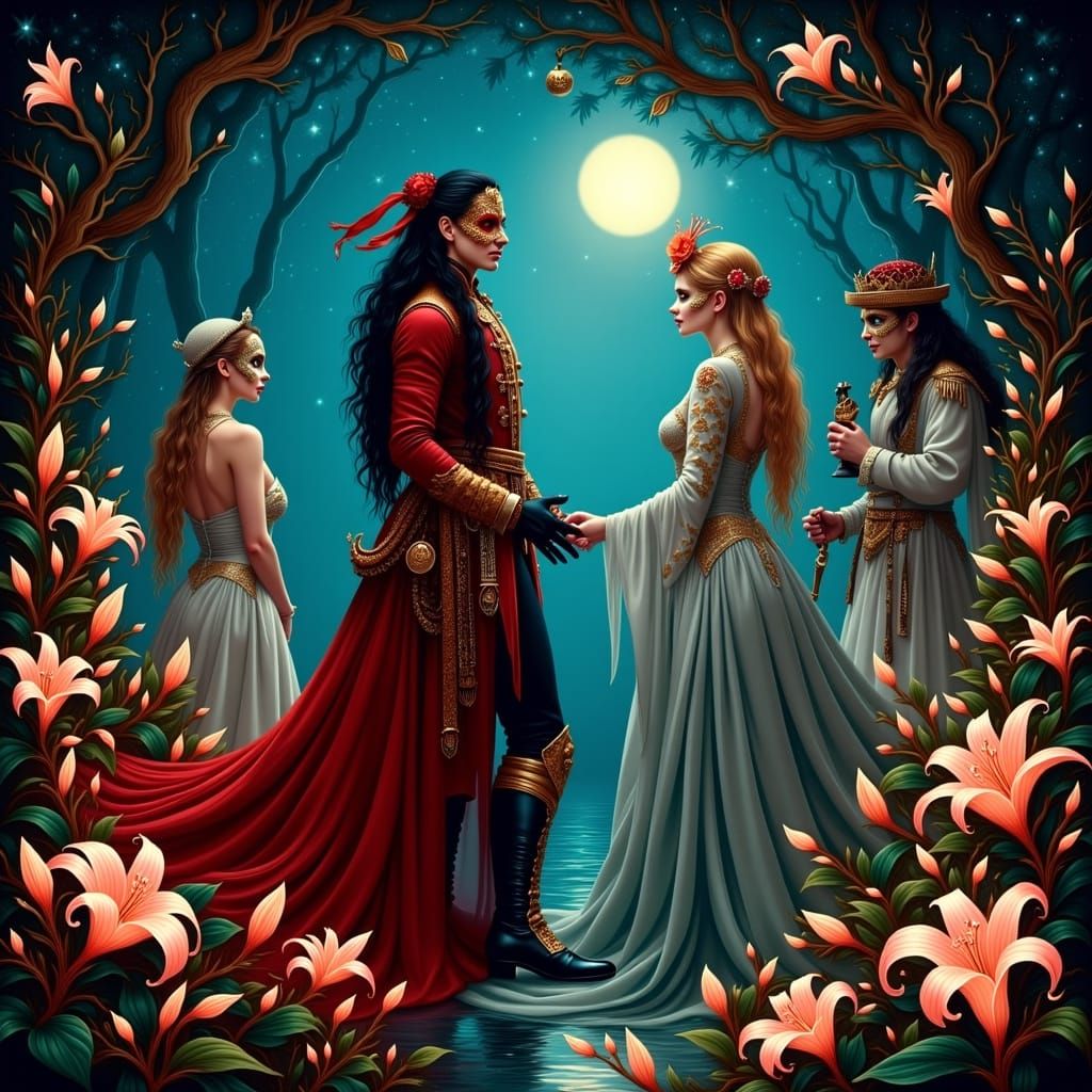 Bioluminescent Masquerade Ball in Art Nouveau Style