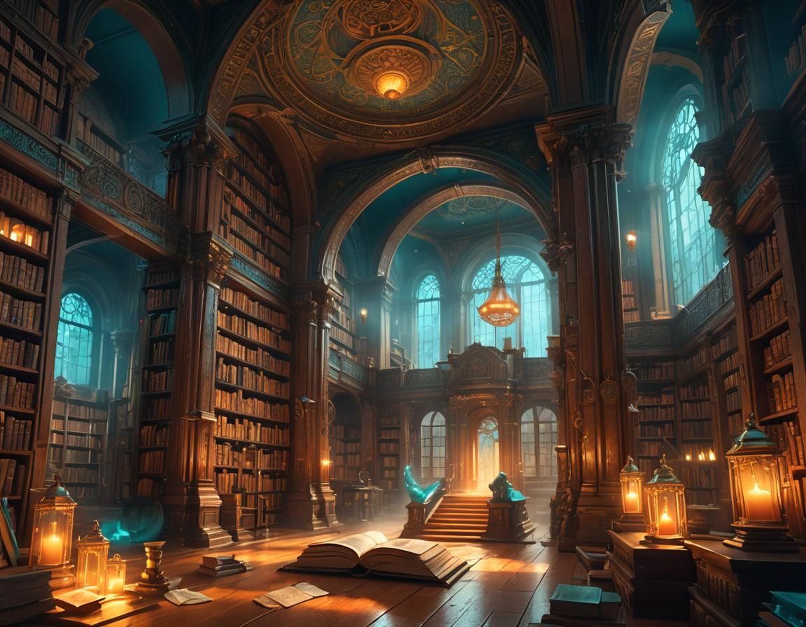 Mystical Library with Glowing Portal in Artstation Style