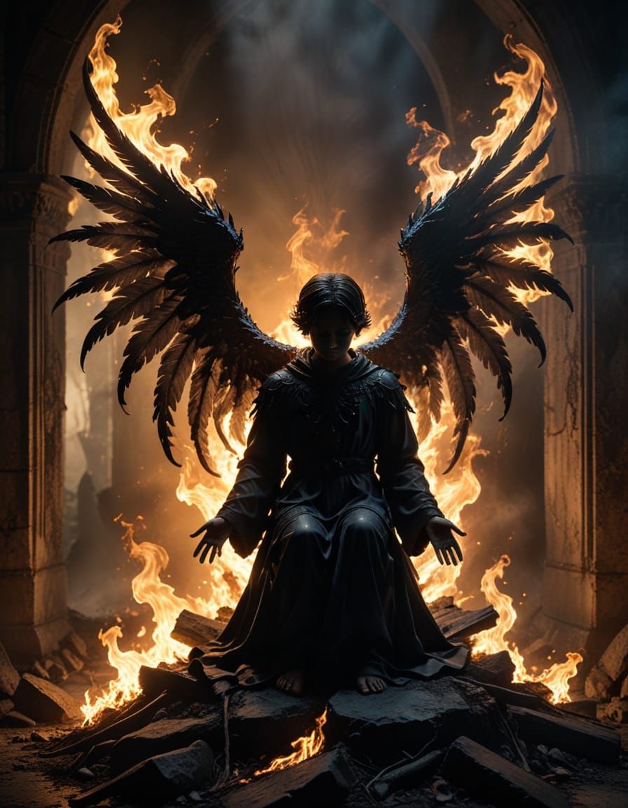 Solemn Fallen Angel Guides Souls Beyond the Abyss