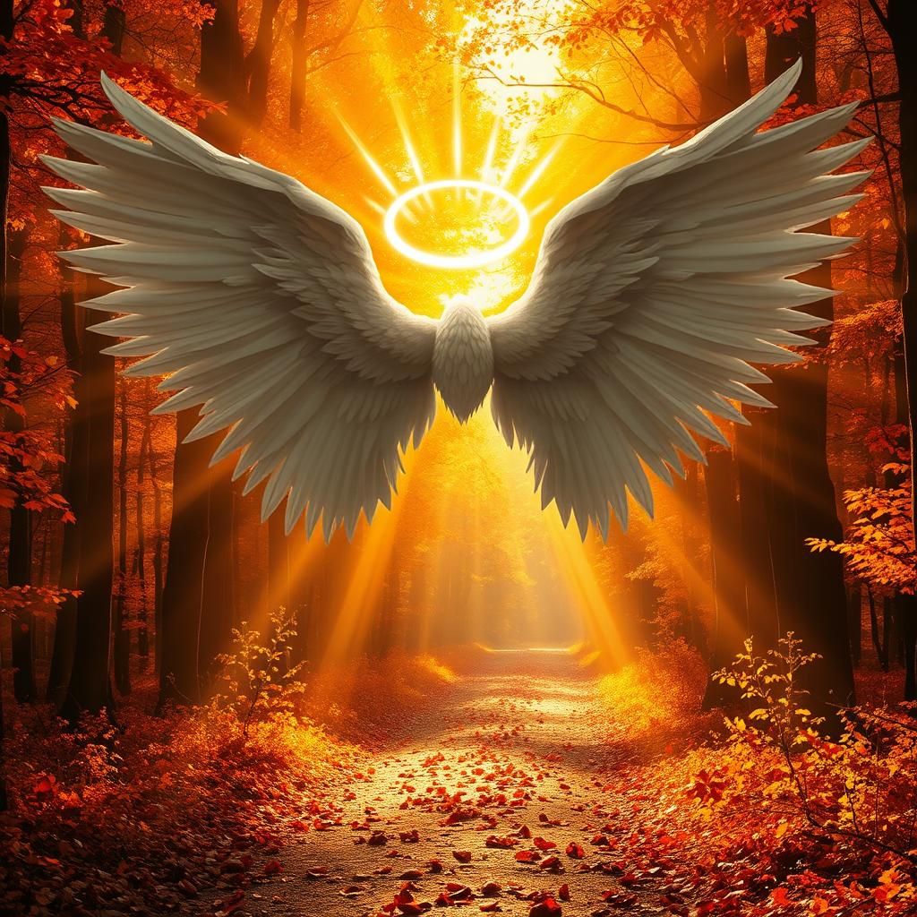 Angel in Autumn Forest at Dawn