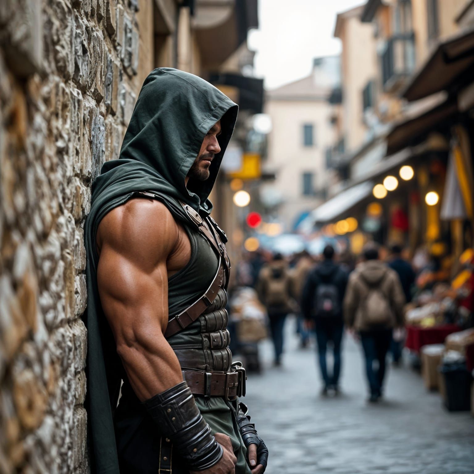 Muscular Soldier Guards Alleyway in Bustling Marketplace