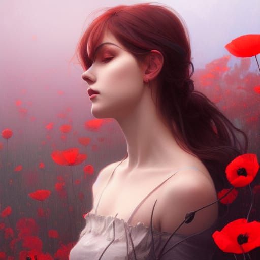Ethereal Poppies in Red Mist: Art Nouveau Portrait