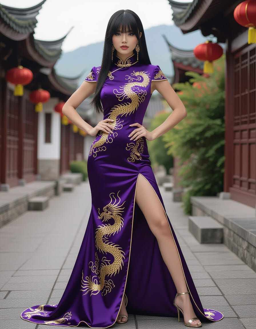Oriental Woman in Silk Cheongsam, Photorealistic Portrait