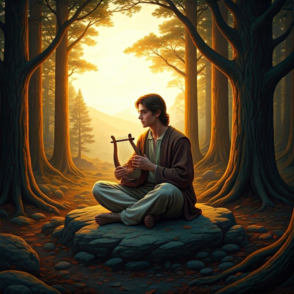 Shepherd Musician in Golden Light: A Sacred, Timeless Tablea...