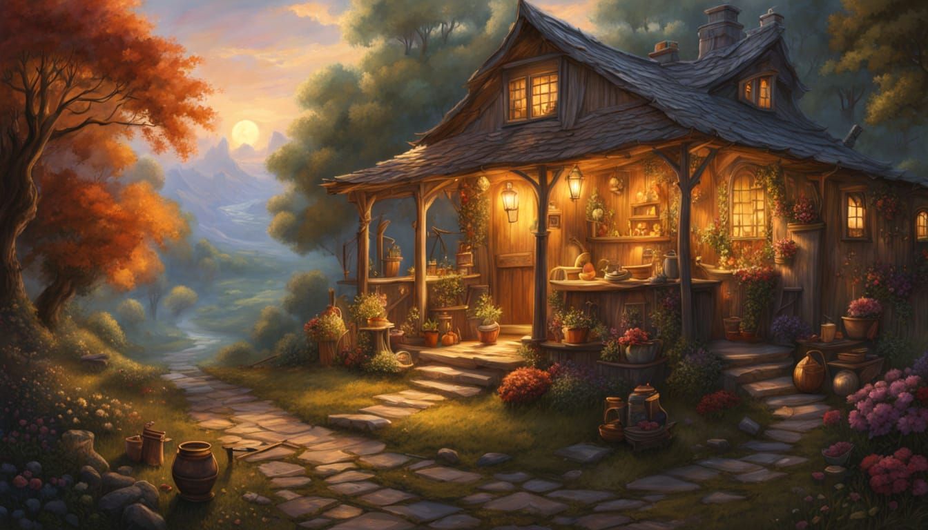 Cozy Witch Sweeping Cottage in Studio Ghibli Style