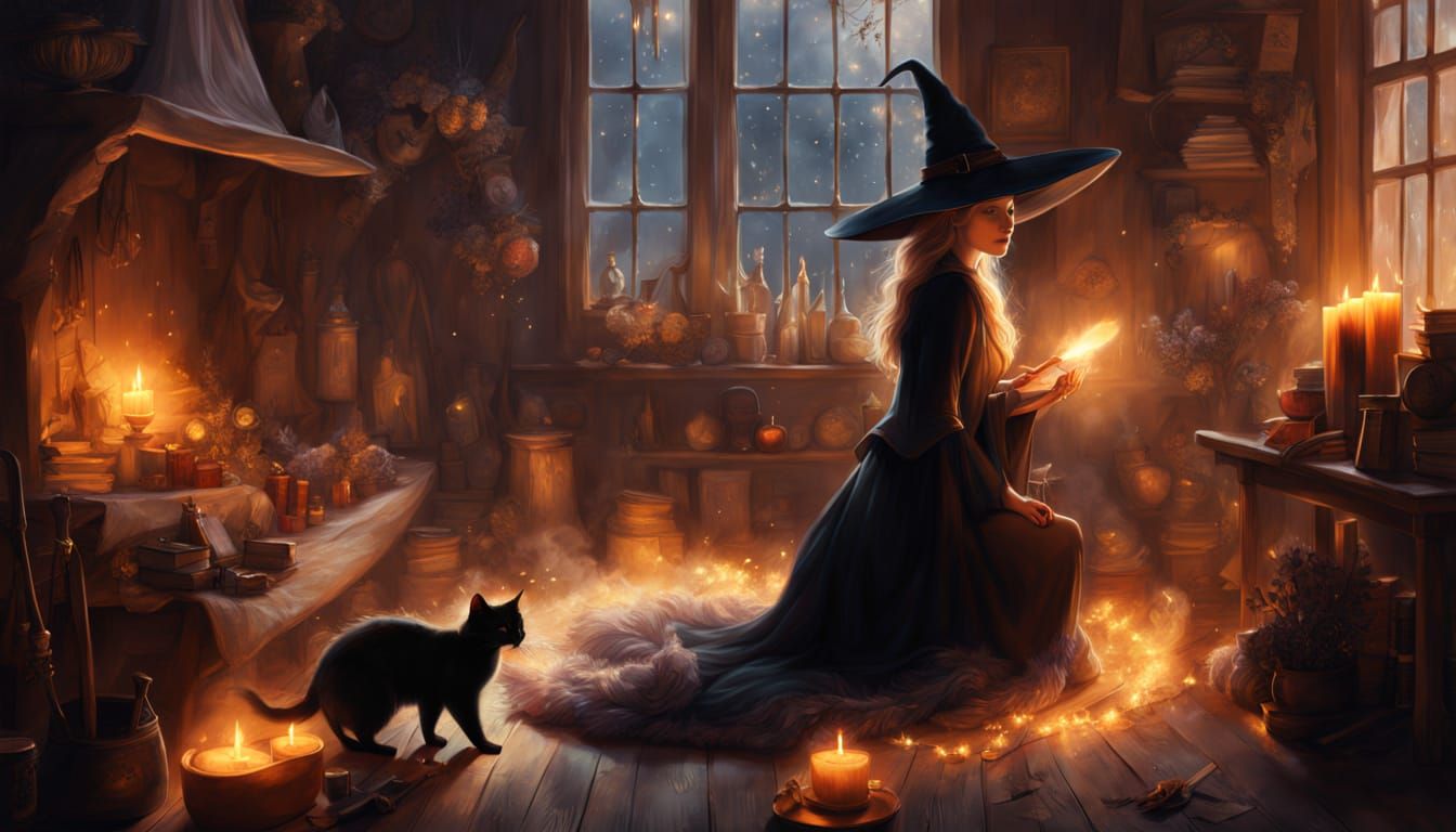 Cozy Witch Sweeping Cottage in Studio Ghibli Style