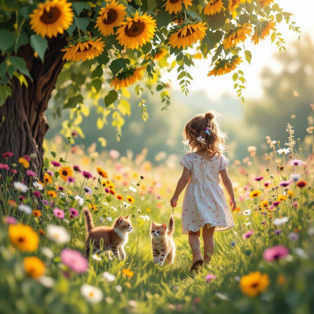 Girl and Kitten Stroll Through Sunflower Meadow