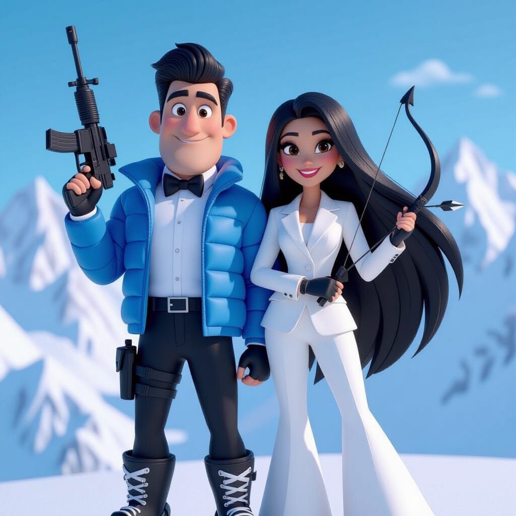 Pixar-Style Ski Scene with Spy Couple