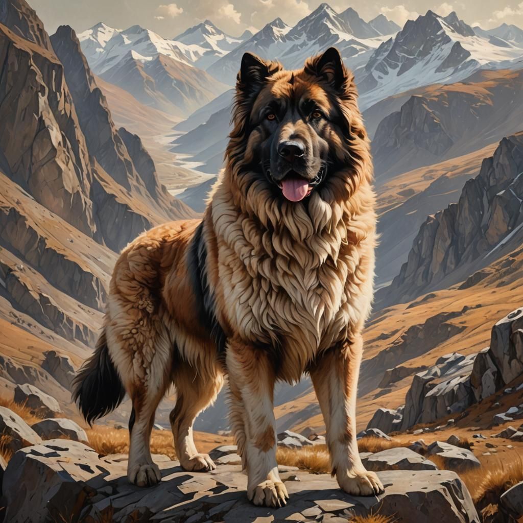 Caucasian Shepherd Dog in Mountain Landscape