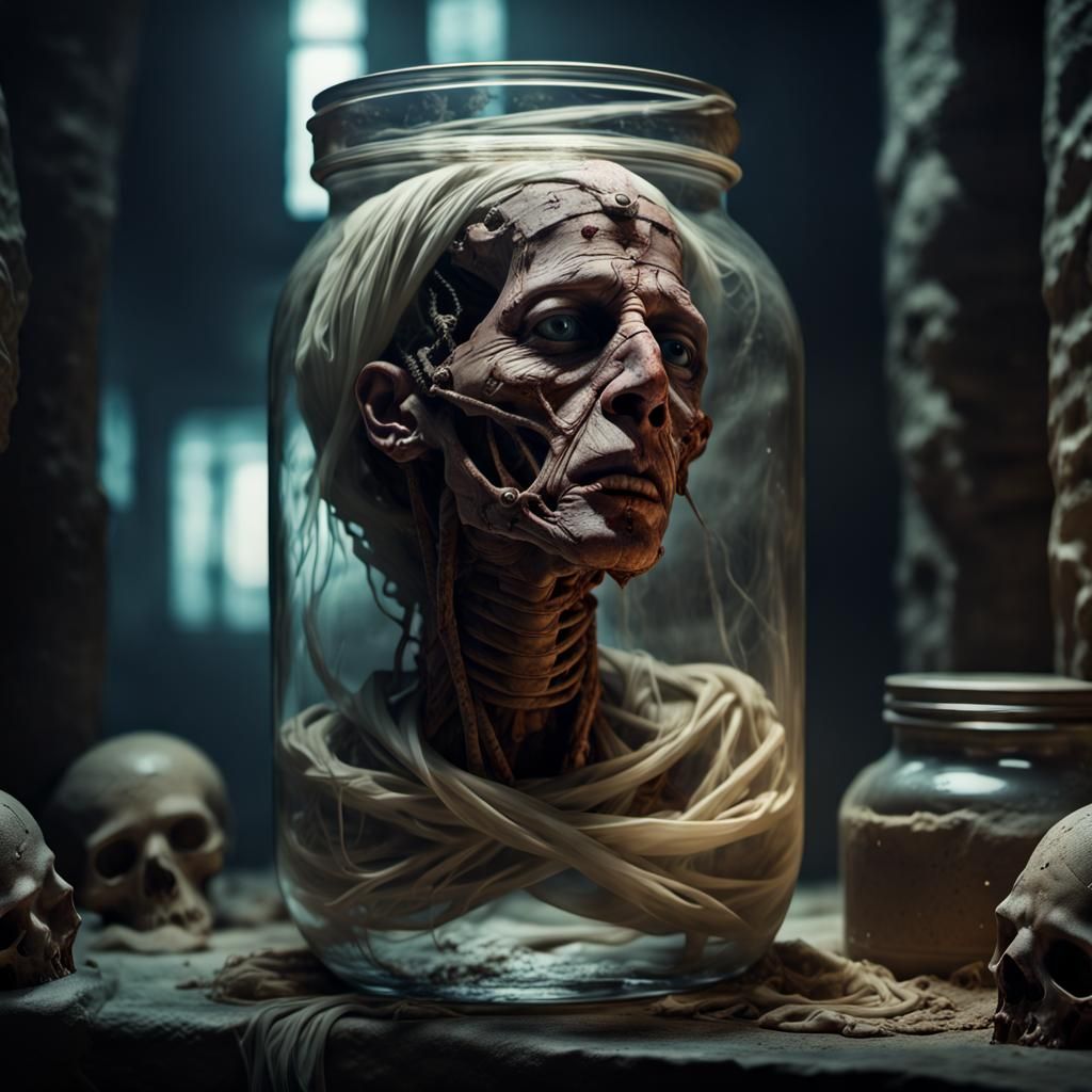 Mummy Head in Jar: Art Nouveau Photorealistic Illustration