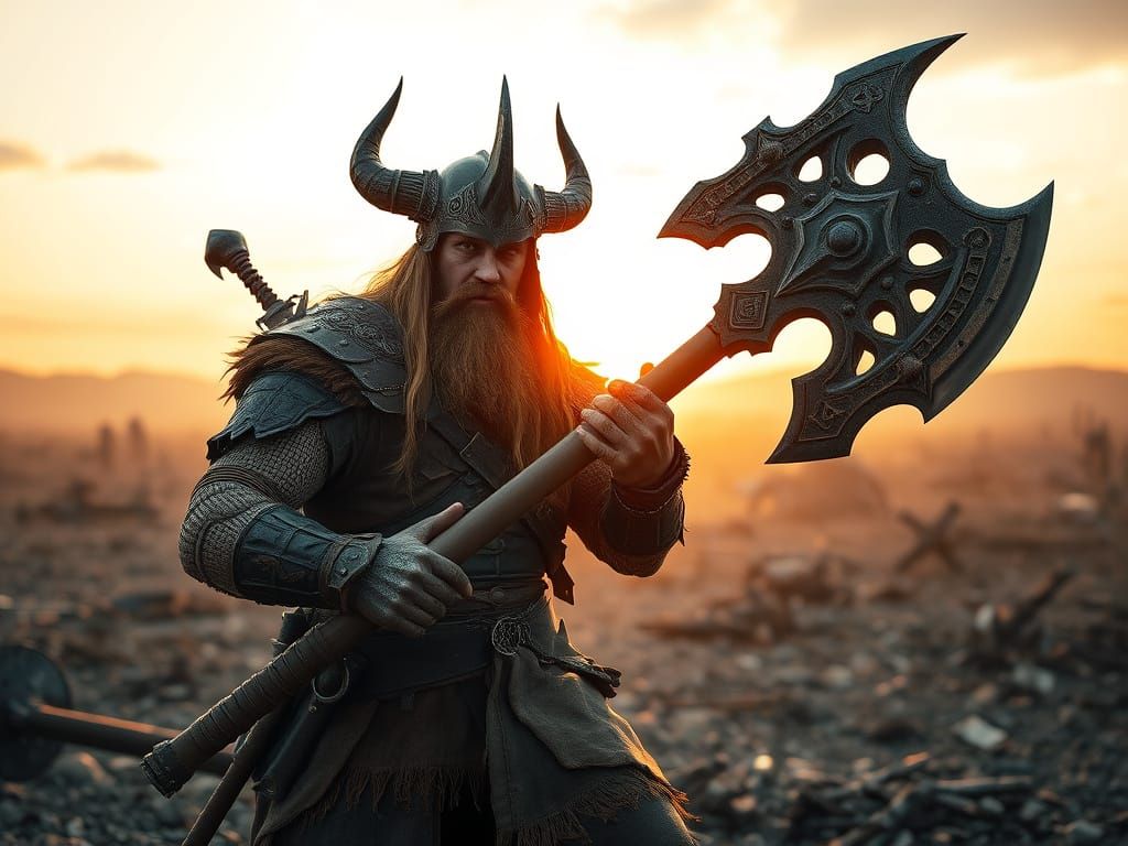 Warrior in Weathered Leather Armor Wields Massive Double-Edg...