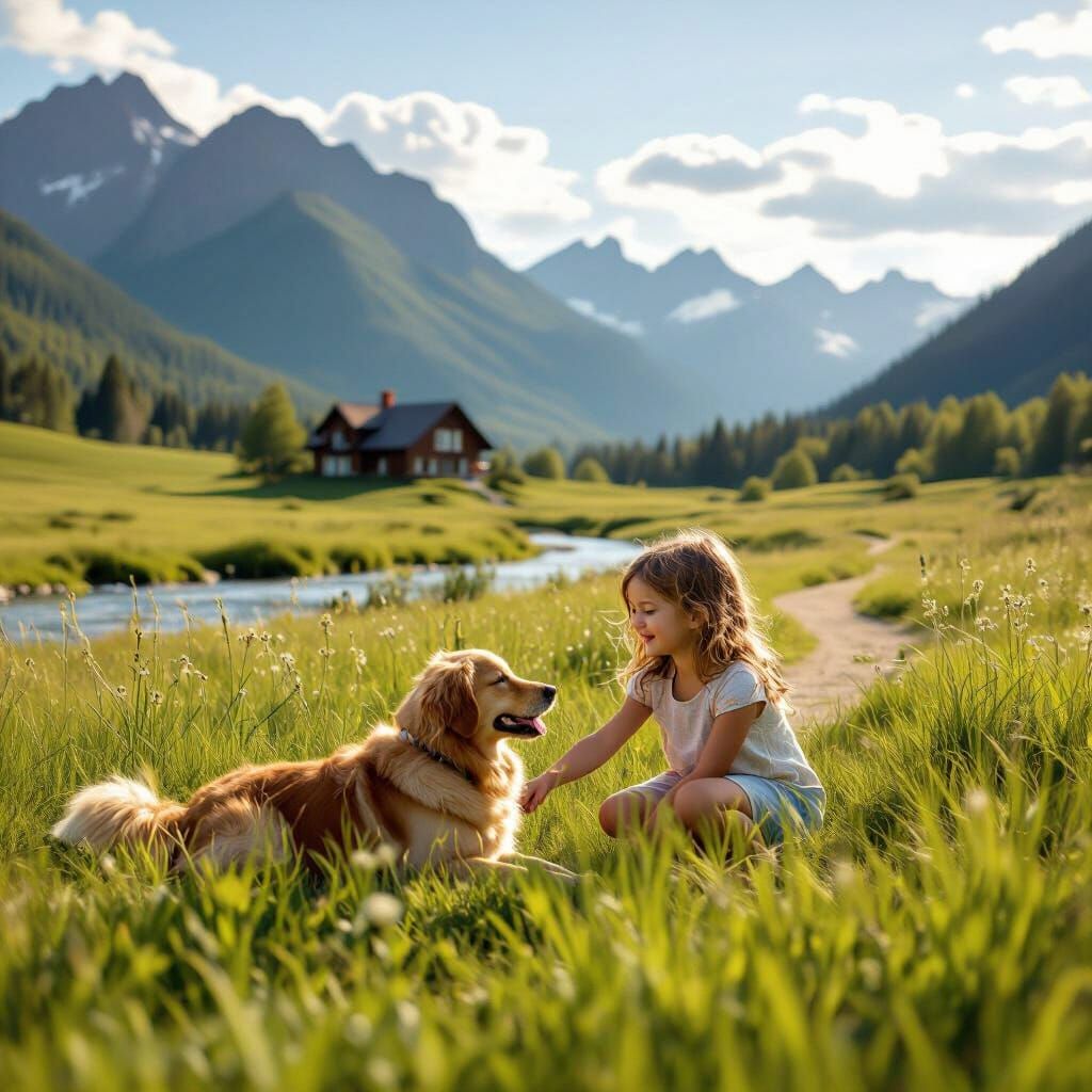 Girl Plays with Golden Retriever in Sunny Meadow