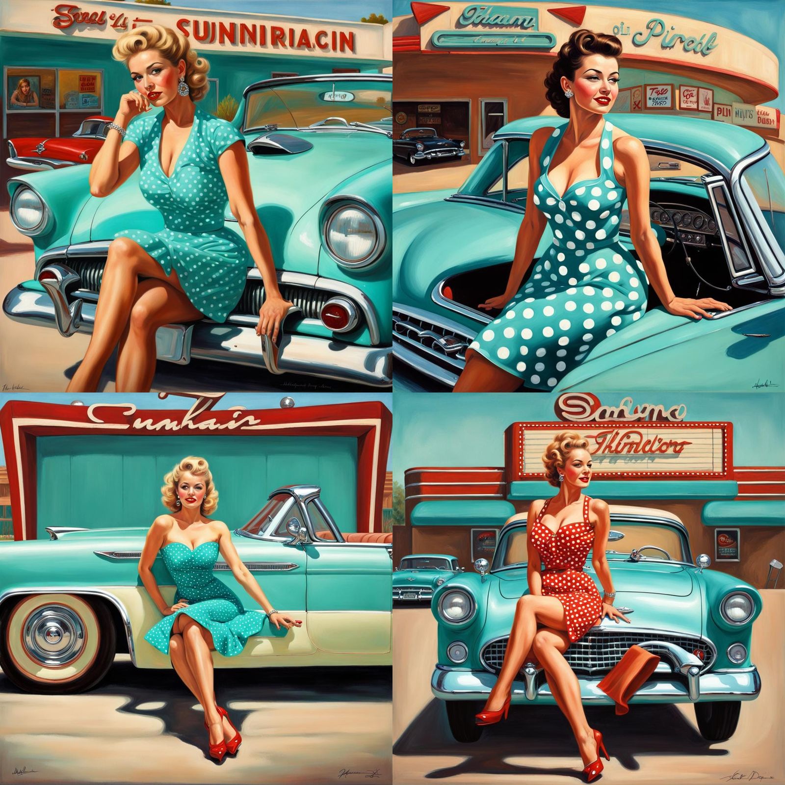 Pin-Up Girl with '55 Thunderbird: Classic Oil Painting