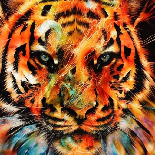 Fiery Tiger Inkblot Portrait in Gouache Style