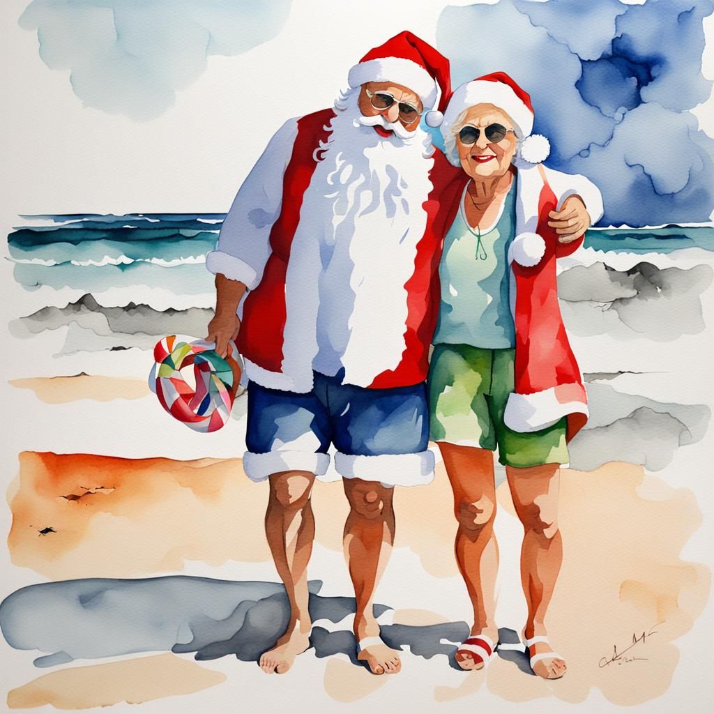 Santa and Mrs. Claus Holiday: Watercolor Beach Scene