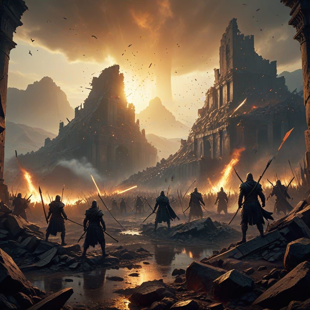 Warriors Clash in Ruined Lands: Epic Fantasy Art