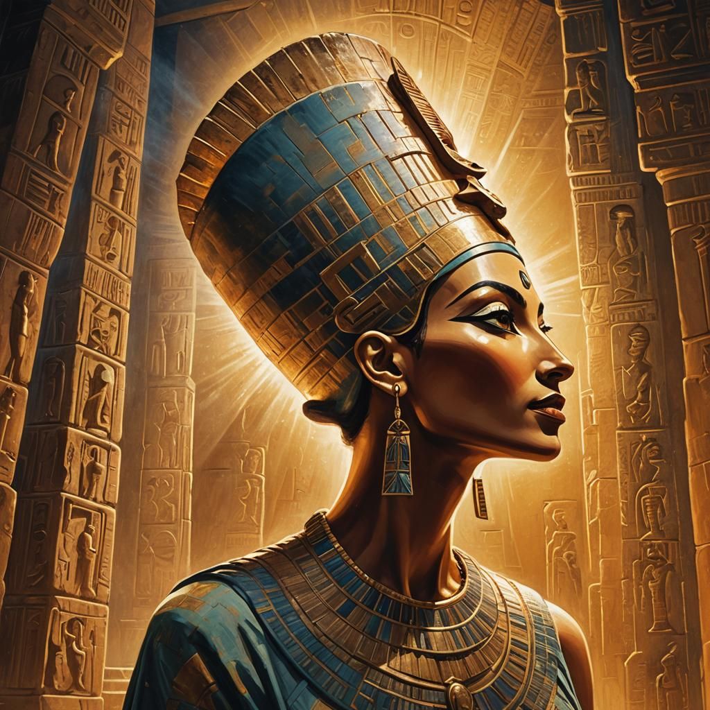 Nefertiti Sun Worship: Mystical Oil Painting