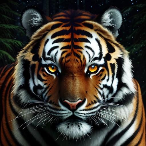 Glowing Tiger Eye in Dark Forest Night