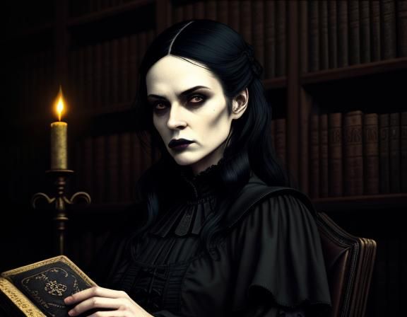 Gothic Woman Browsing Books in Dim Library